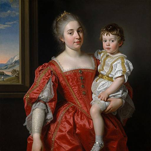 Baroque painting of a pale-skinned woman in a red dress with gold trim, holding a fair-skinned toddler in white and gold attire, against