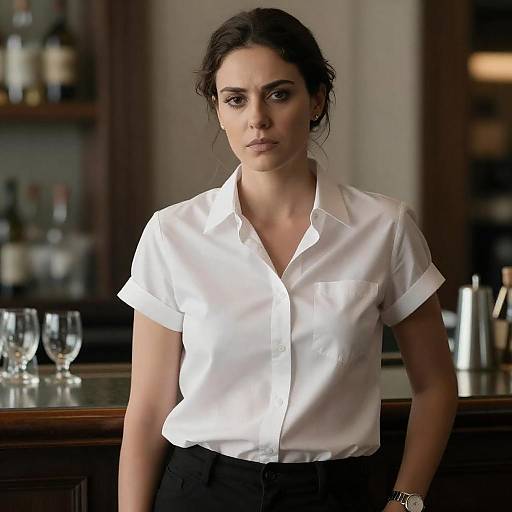 Serious Woman Bartender Portrait Behind Bar