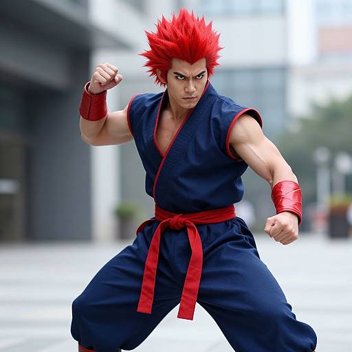 Digital art of a muscular, red-haired anime warrior in a navy blue gi with red belt, wristbands, and intense fighting stance, set against a