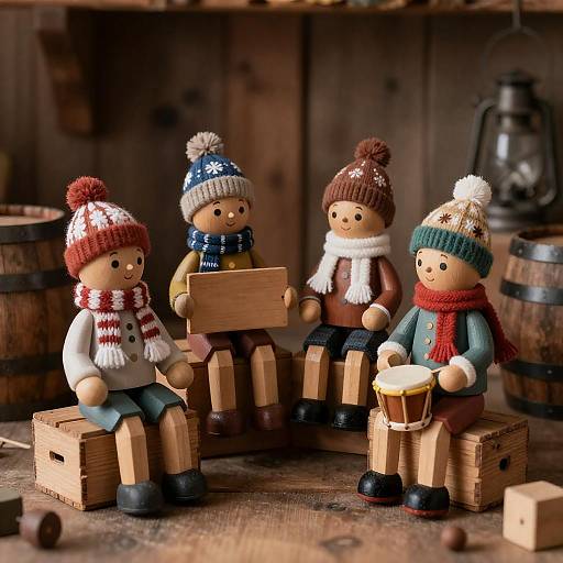 Four Wooden Winter Dolls in Rustic Room