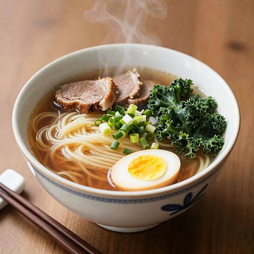 Photograph of a steaming bowl of ramen with noodles, sliced pork, boiled egg, green onions, and kale, on a wooden table.