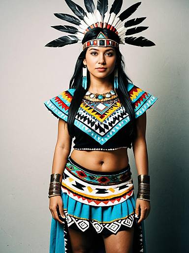Photograph of a young woman with medium brown skin, wearing a colorful Native American-inspired headdress, crop top, and skirt, adorned with black,