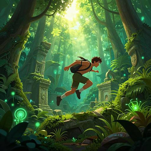 Digital fantasy artwork of a male adventurer with brown hair, green shorts, and a backpack, leaping through a luminous, enchanted forest with glowing mushrooms