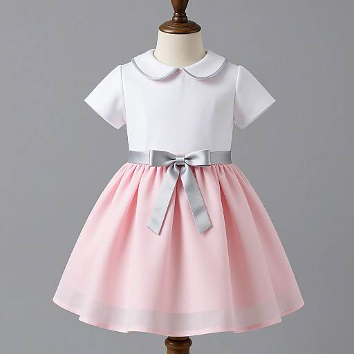 Photograph of a white short-sleeve dress with a Peter Pan collar, pink satin skirt, and grey satin belt, displayed on a manne
