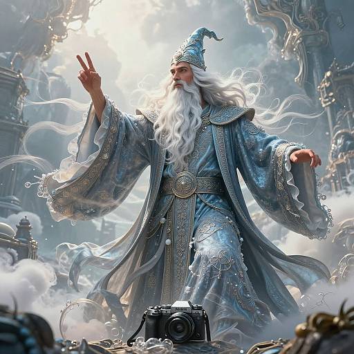 Digital fantasy artwork of a majestic, white-bearded wizard in a glowing, ornate blue robe, raising a hand amidst swirling light, surrounded by magical