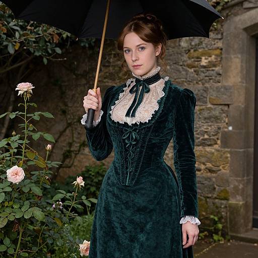 Photograph of a fair-skinned woman with brown hair in a Victorian-style black velvet dress with white lace, holding a black umbrella amidst pink roses and