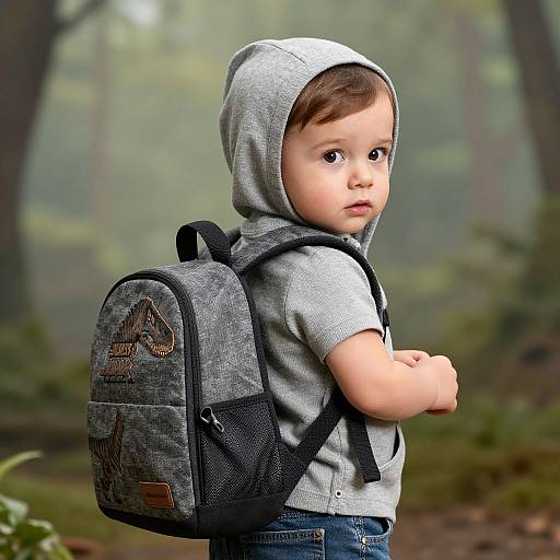 Photograph of a curious toddler in a gray hoodie and jeans, with a gray backpack, standing in a misty forest.