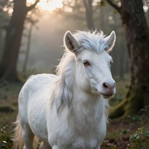 Photograph of a white, fluffy-maned unicorn-like horse standing in a misty forest, sunlight filtering through trees in the background.