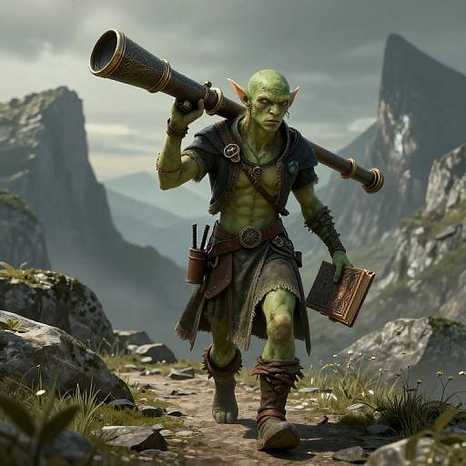 CGI fantasy image of a green-skinned orc warrior with pointed ears, muscular build, wearing tattered clothes, holding a large gun, book,