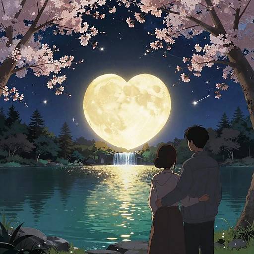 Anime-style illustration of a couple standing by a moonlit pond with a large, glowing heart-shaped moon, surrounded by cherry blossoms.