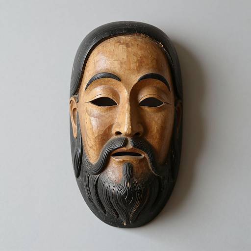 Photograph of a traditional Asian wooden mask with a golden face, black hair, and beard, set against a plain white background.