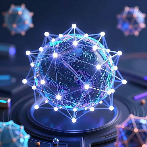 Photograph of a glowing, blue and white, wireframe sphere with neon lights on a black, circular surface, surrounded by blurred, similar spheres in