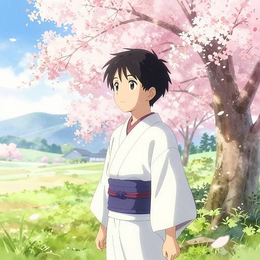 Anime-style drawing of a young boy with black hair, wearing a white kimono with a blue obi, standing under pink cherry blossoms in a