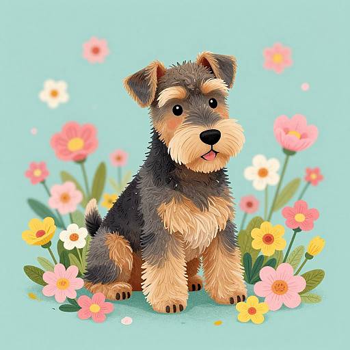 Digital illustration of a cute, fluffy, black-and-tan terrier puppy sitting among colorful pink, yellow, and white flowers on a light blue background