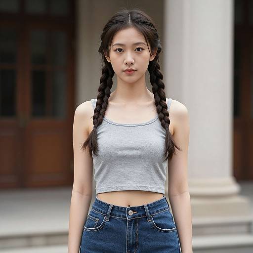 Photograph of an East Asian woman with long black braids, wearing a gray crop top and blue jeans, standing in front of a building with wooden