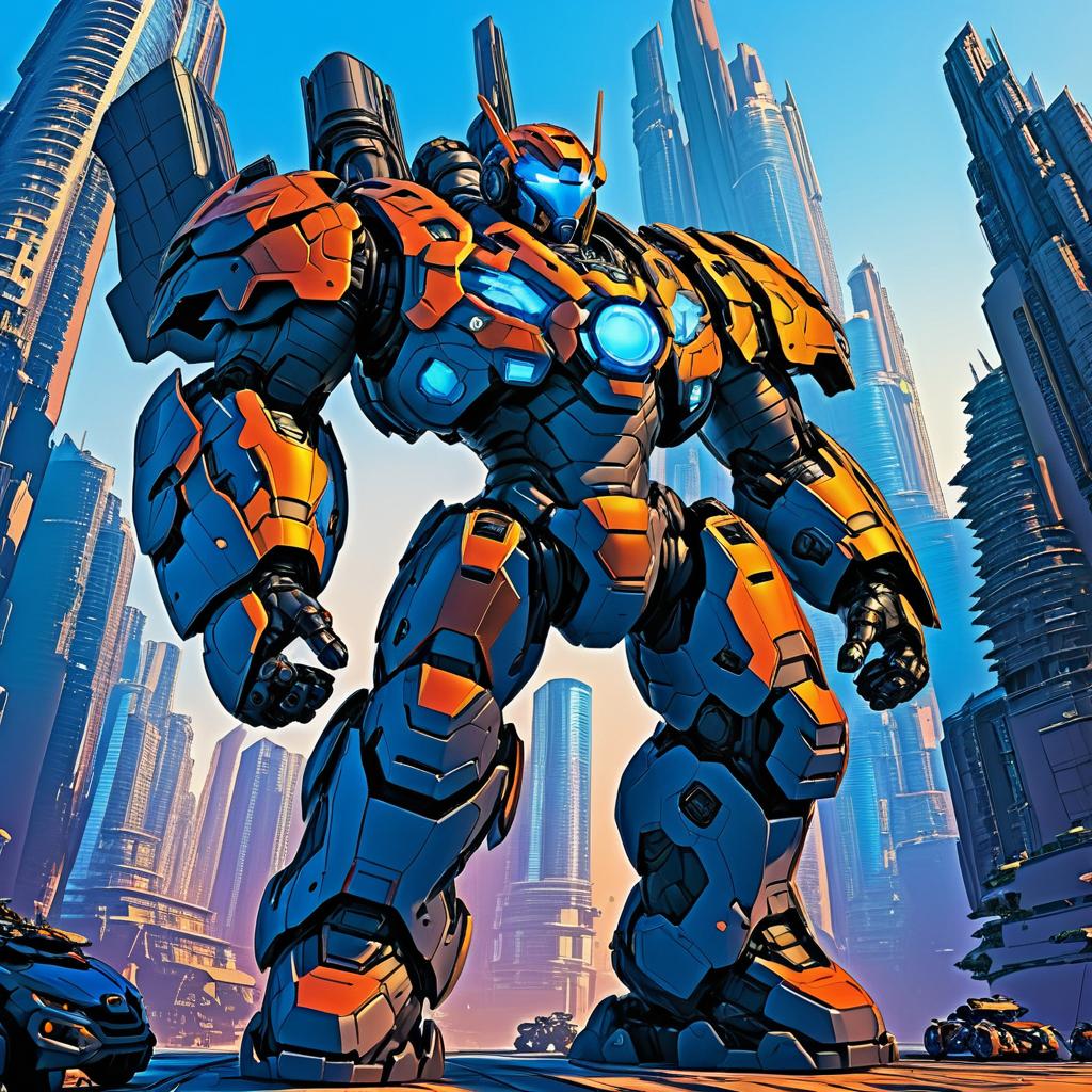 Giant Robot Battle Suit in Futuristic City