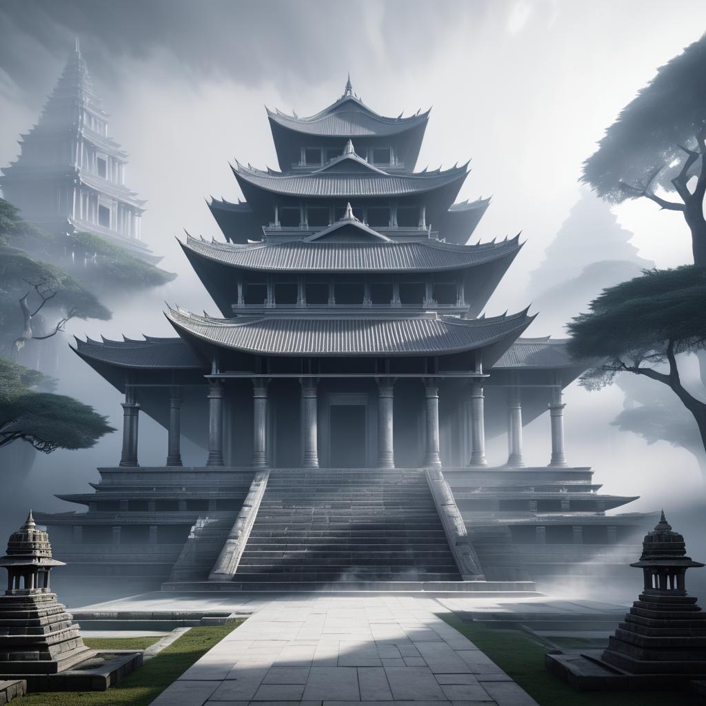 Haunting Silver Mist Over Ancient Temple