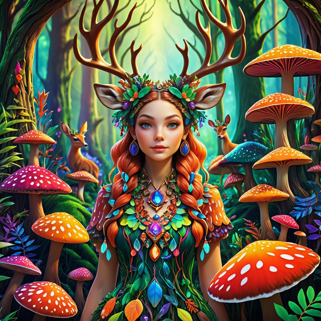 Whimsical Deer Girl in Vibrant Fungi