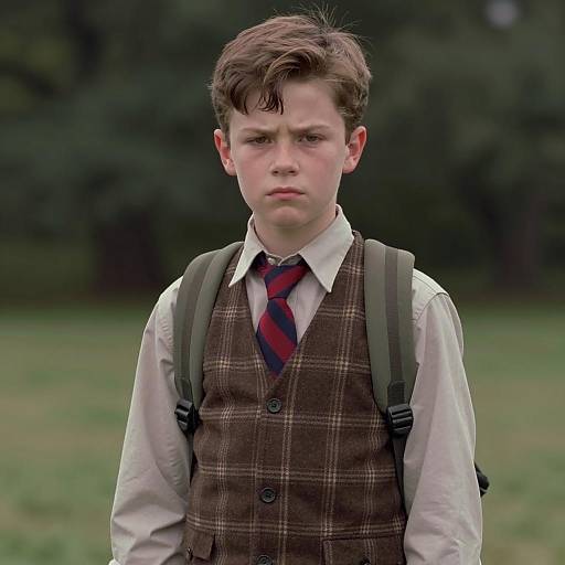 Serious Boy in Vintage School Outfit Outdoors