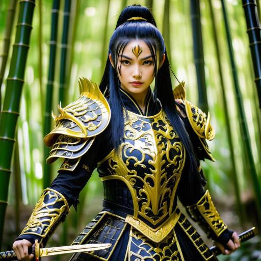 Samurai Woman in Ornate Golden Armor in Bamboo Forest