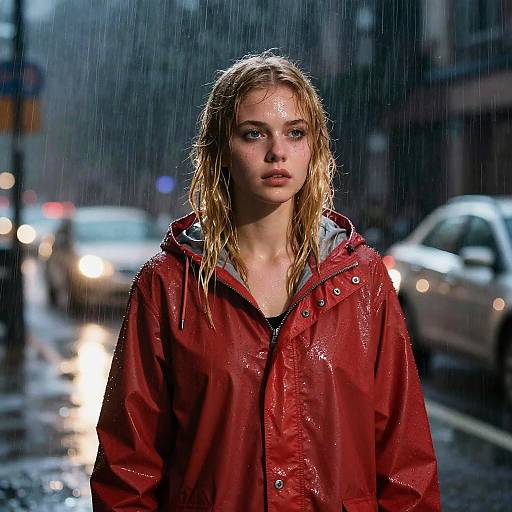 Young Woman in Red Raincoat in Heavy Rain