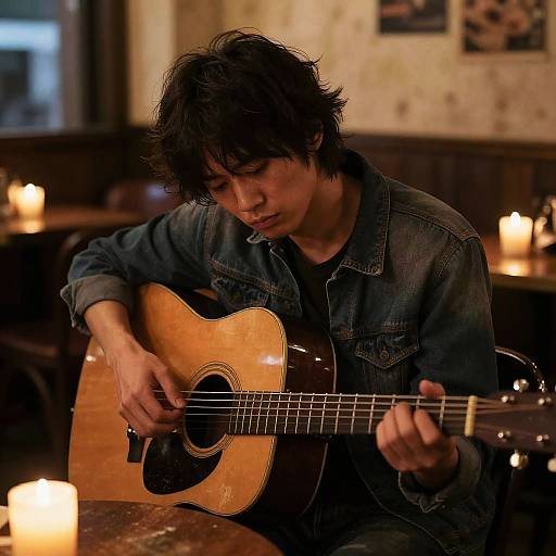 Weary Musician Playing Guitar in Candlelit Café