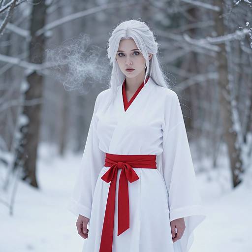 Photograph of a pale-skinned woman with long white hair, wearing a white kimono with a red belt, standing in a snowy forest. Breath