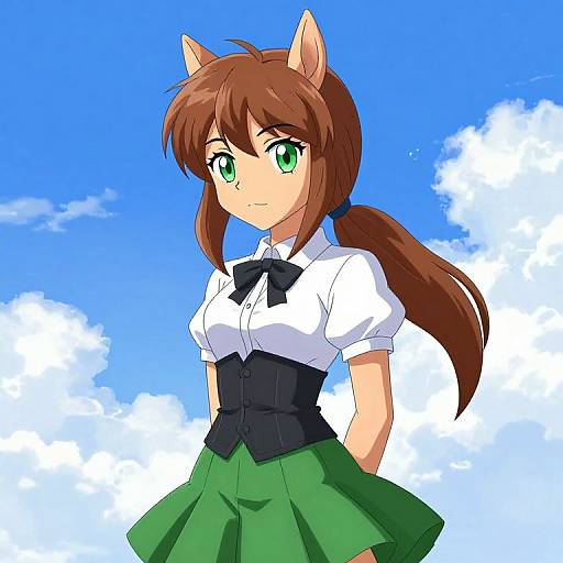 Anime-style drawing of a brown-haired, green-eyed, anthropomorphic horse girl with cat ears, wearing a white blouse, black corset, and green