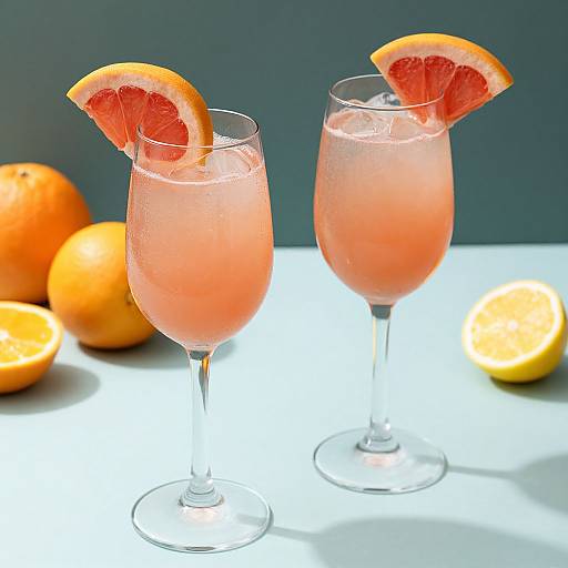 Photograph of two pink cocktails with orange slices in clear glasses, set against a dark background with oranges and a halved orange on a white surface.