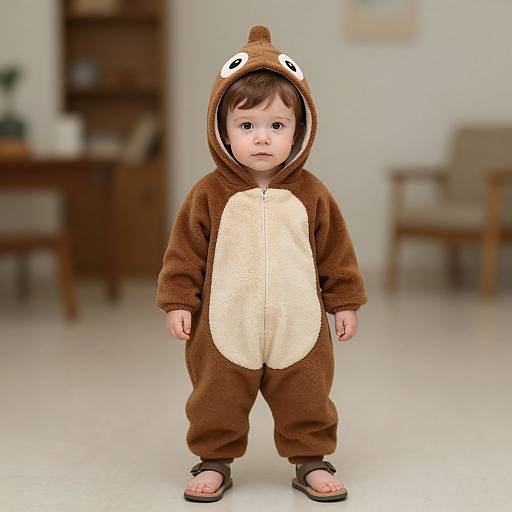 Photograph of a young child standing in a room, wearing a brown bear onesie with a beige belly, hood with bear ears, and black sandals