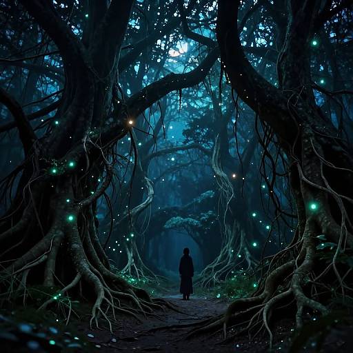 Mysterious forest path illuminated by glowing fireflies, dark trees with twisted roots, solitary figure in silhouette walking away. Digital art.