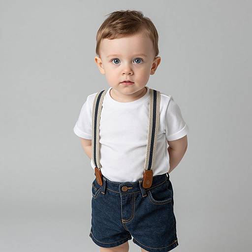 Photograph of a cute, fair-skinned toddler with blue eyes, brown hair, wearing a white t-shirt, dark denim shorts, and brown leather