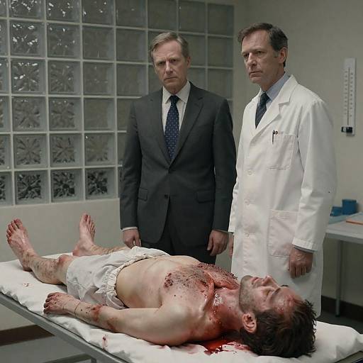Medical Examining Room with Bloodied Corpse and Professionals