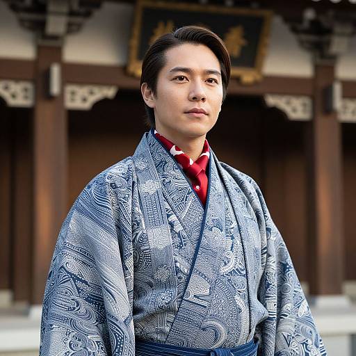 Photograph of a young Asian man with short black hair, wearing a blue patterned kimono and red shirt, standing in front of a traditional wooden