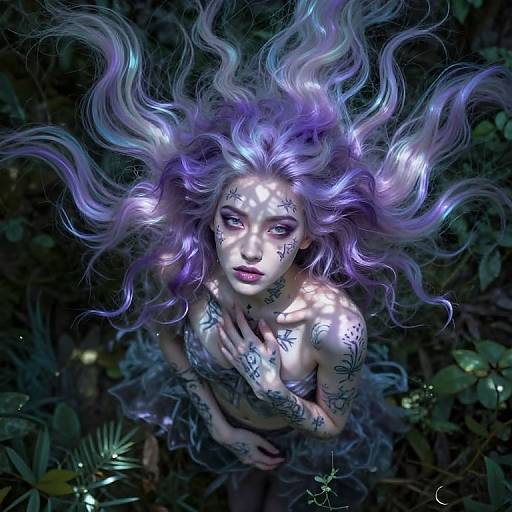 Digital art of a fair-skinned, tattooed woman with vibrant purple, wavy hair, glowing in forest light, covering her chest, ethereal