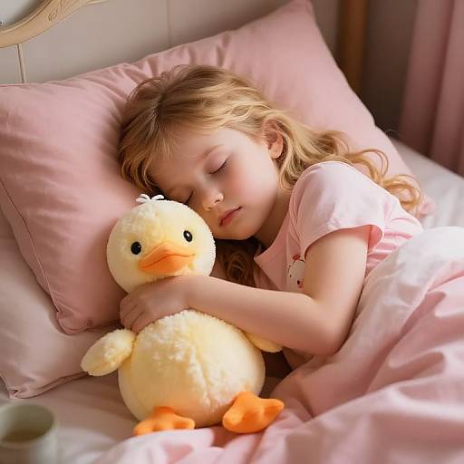 Photograph of a sleeping blonde girl in pink pajamas, hugging a yellow duck plushie on a pink bed, soft natural light.