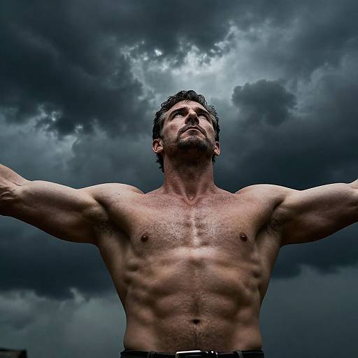 Photograph of a muscular, shirtless man with dark hair and beard, arms outstretched, standing against a dramatic, cloudy sky.