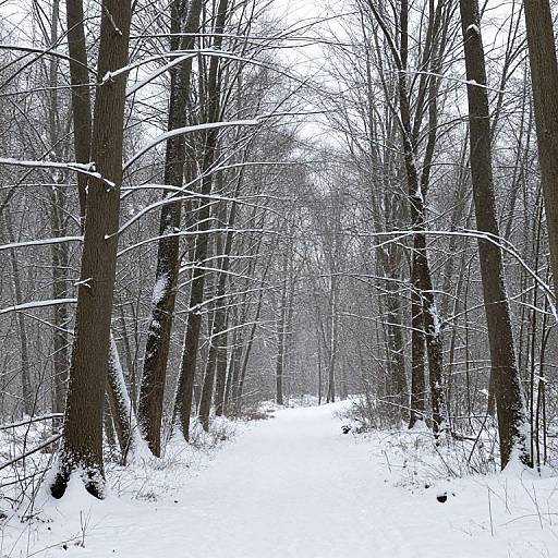Photograph of a winter forest path, snow-covered ground, leafless trees with dark trunks, white branches, and a misty, gray sky