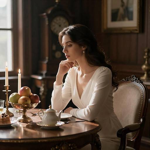 Sunlit Pensive Woman at Vintage Table