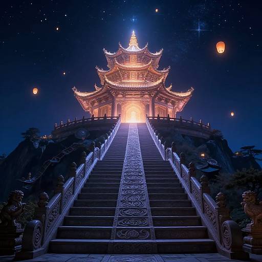 Photograph of a glowing, traditional Chinese temple with ornate roof, illuminated by lanterns, at night, with a starry sky and steps leading