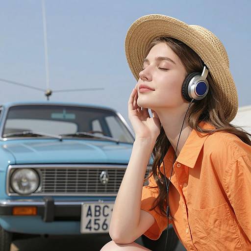 Young Woman in Vintage Car Scene