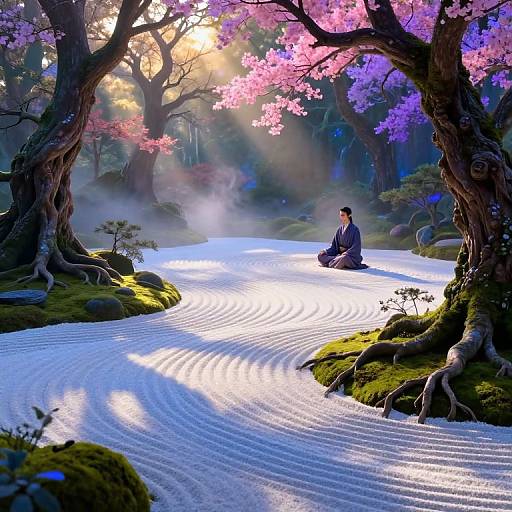 Digital artwork of a serene Japanese garden: a calm man in traditional attire sits meditating on a reflective, raked-sand surface under vibrant pink cherry
