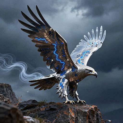 Digital art of a majestic eagle with glowing blue lightning accents on wings, standing on rocky cliff under a stormy sky.
