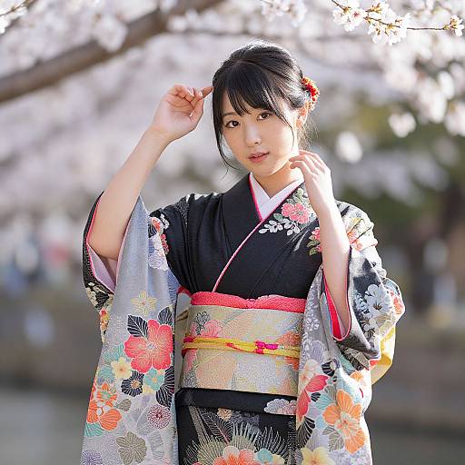 Photograph of a Japanese woman in a colorful floral kimono, standing outdoors with cherry blossoms in the background, adjusting her hair.