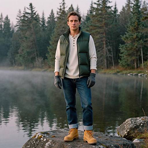 Man by Misty Lake in Forest Green Vest