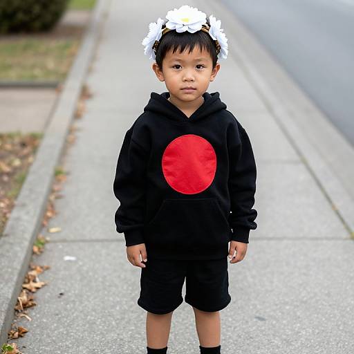Photograph of a young Asian boy standing on a sidewalk, wearing a black hoodie with a red circle, black shorts, and a white flower crown.