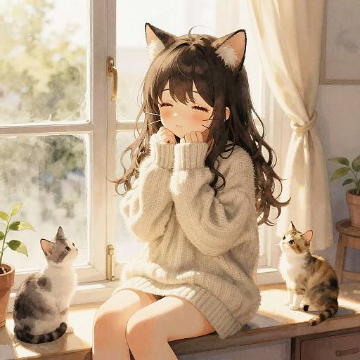 Digital anime-style drawing of a cute, long-haired girl with cat ears, wearing a cozy beige sweater, sitting by sunlit window, surrounded by three