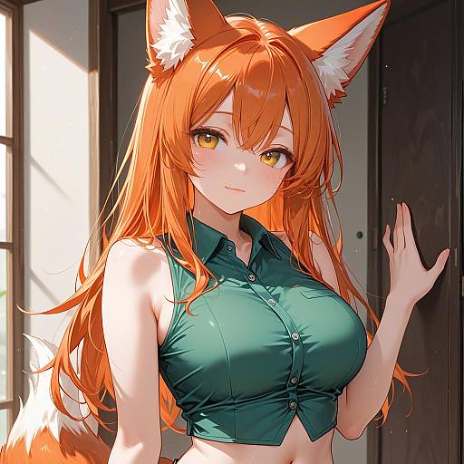 Fox Girl with Orange Hair in Green Crop Top