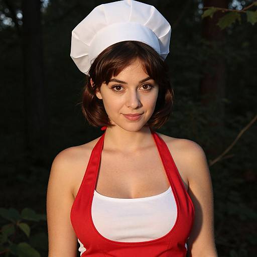 Photograph of a young woman with short brown hair, wearing a white chef hat and red halter top with white underlayer, standing against a dark