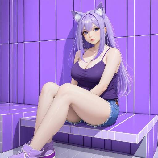 Anime Girl with Purple Hair and Cat Ears